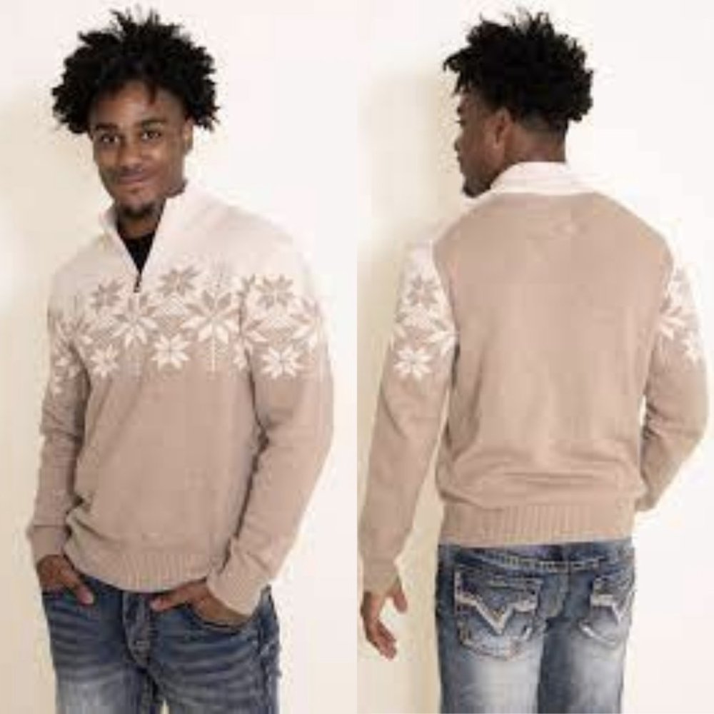 Weatherproof Beige and White Snowflake Quarter-Zip Sweater